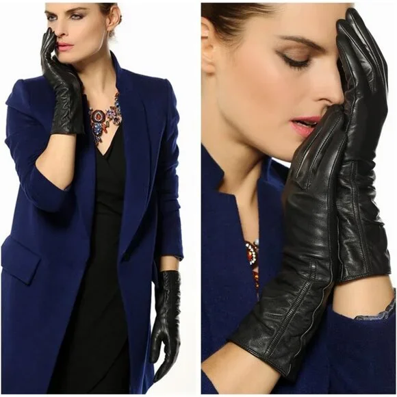 Women's Black Lambskin Leather Touchscreen Gloves Winter Lined Long Sleeve - Picture 3 of 7